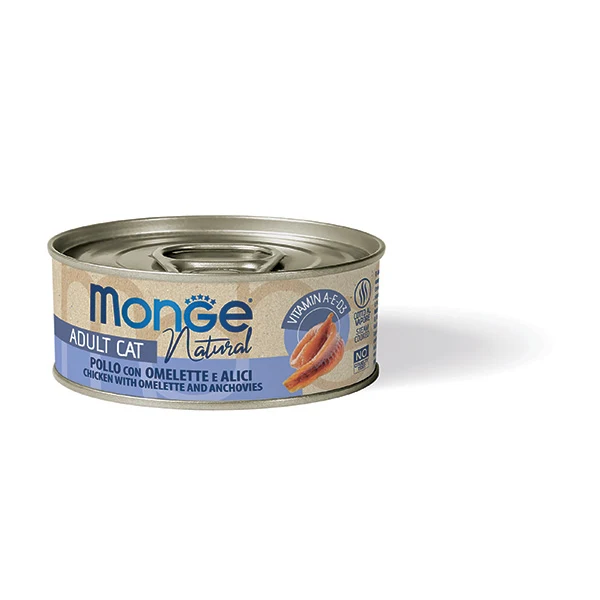 Monge Natural Adult — pollo con omelette e alici, scatoletta 80 g